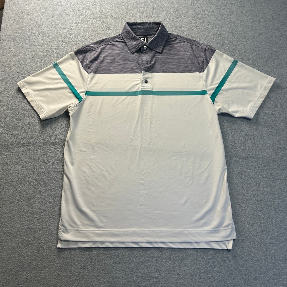 FootJoy FJ Golf Polo Mens L White Gray Teal Colorblock Performance Short Sleeve